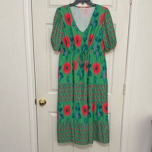 JODIFL Green and Red Floral Midi Dress